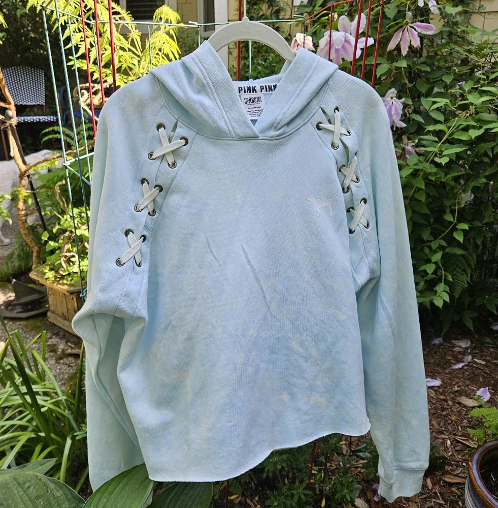 PINK Victoria's Secret Graphic Hoodie Sweatshirt LS Cropped Laced Blue Small EUC - Picture 12 of 12